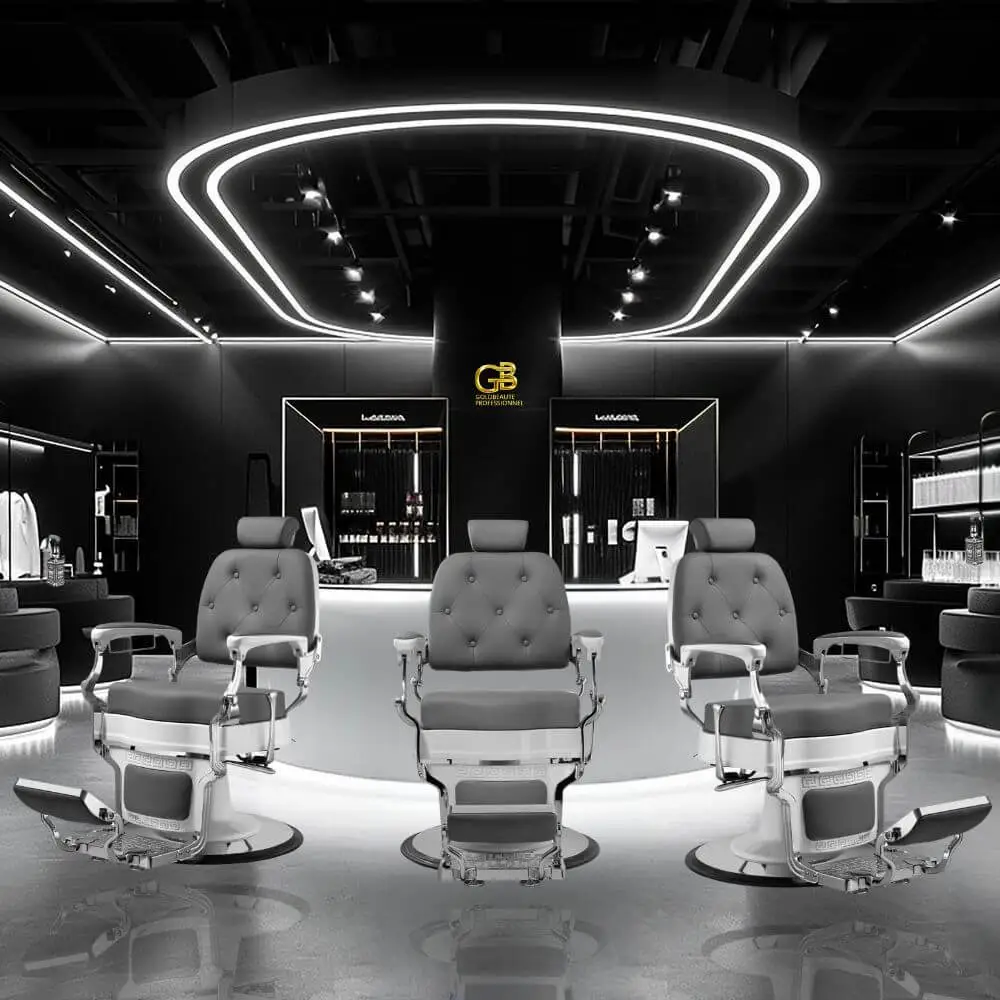 High-end hairdressing and barber shop furniture with vintage barber chairs and modern styling stations