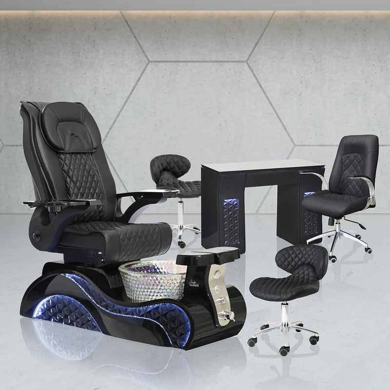 Black pedicure spa chair with sink + designer manicure desk Professional spa pedicure chair with sink and matching manicure furniture